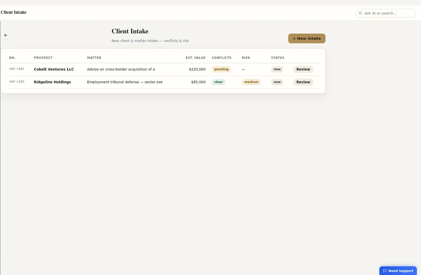 NexusLaw 360, Client intake